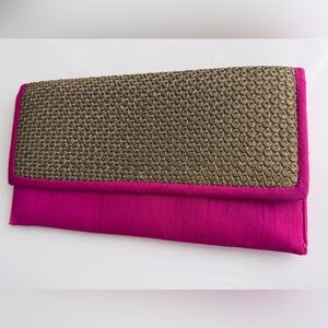 Magenta & Gold Textured Fabric Envelope Clutch With Chain Strap